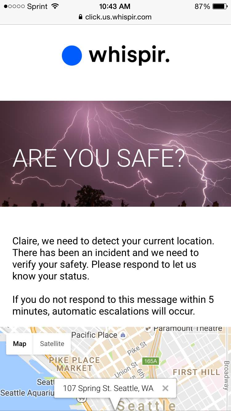 Screenshot of Whispir website with "ARE YOU SAFE" header